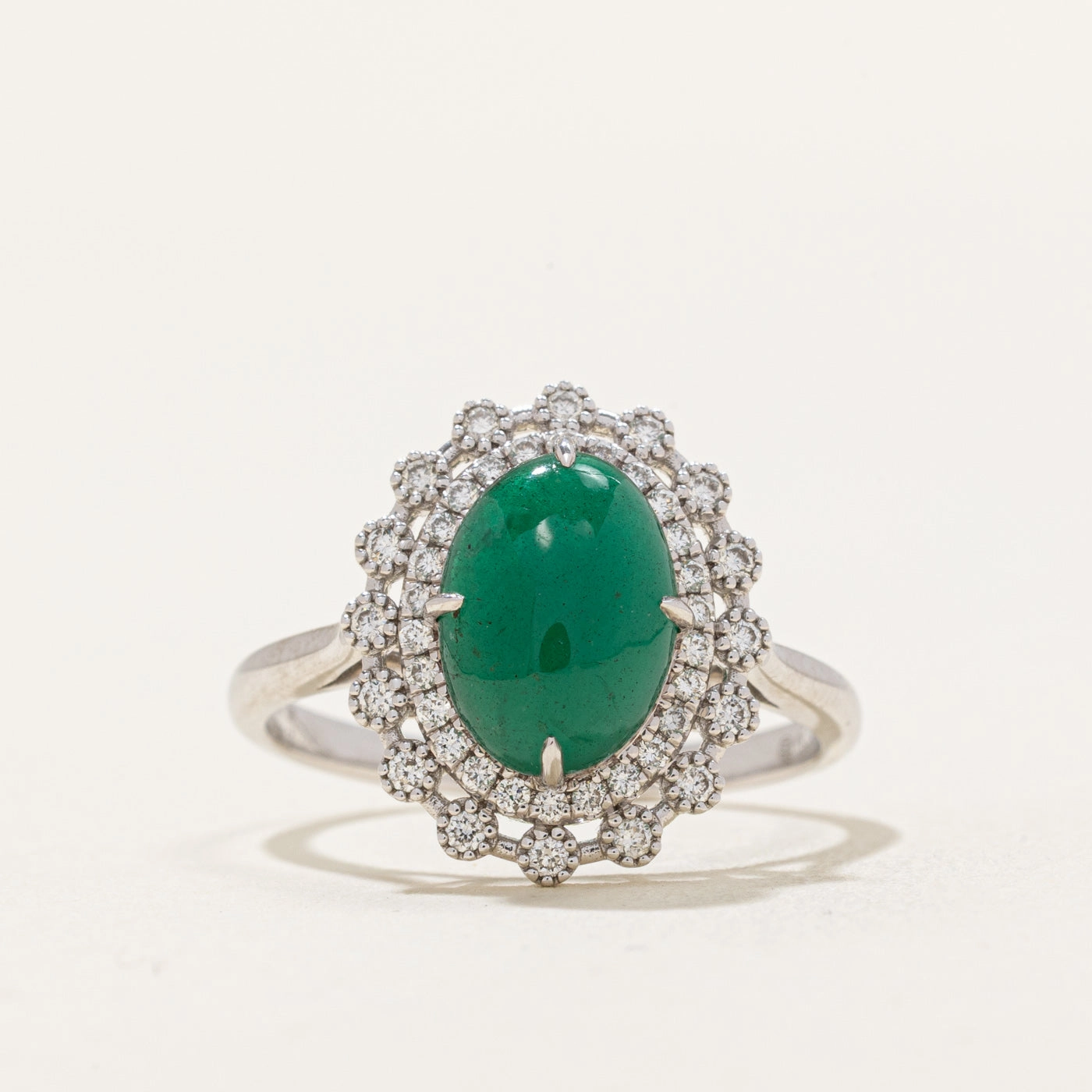 Night Accent Cabochon Emerald & Diamond Halo Ring | 1.96ct, 0.27ctw | SZ 7.25