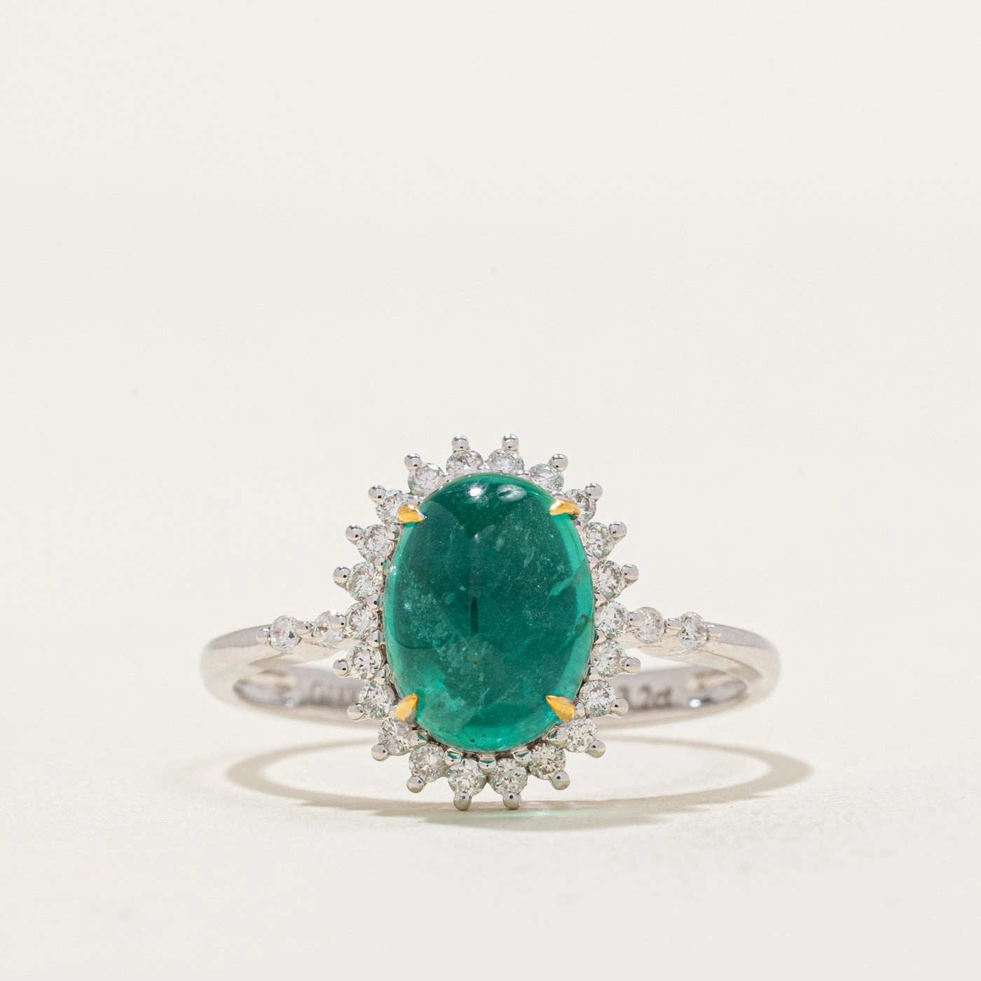 Cabochon Emerald & Diamond Halo Ring | 3.20ct, 0.26ctw | SZ 8 Gleaming Accent