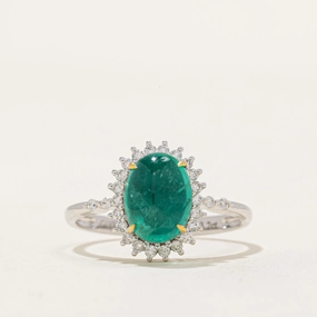 Cabochon Emerald & Diamond Halo Ring | 3.20ct, 0.26ctw | SZ 8 Gleaming Accent