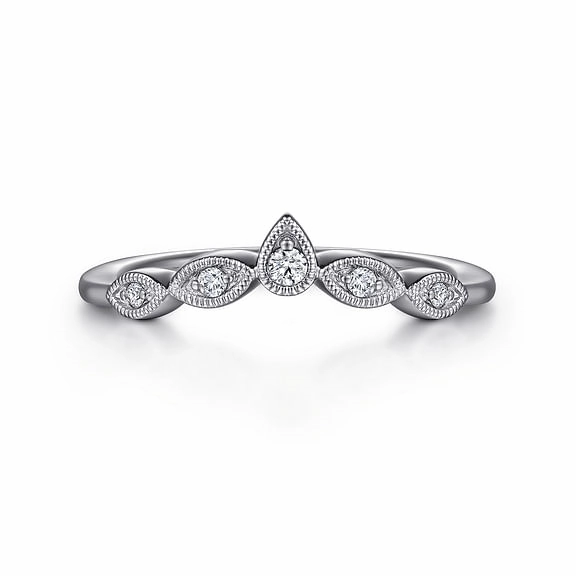 Engraved Surface Cary - Vintage Inspired 14K White Gold Curved Gold Diamond Anniversary Band - 0.07 ct