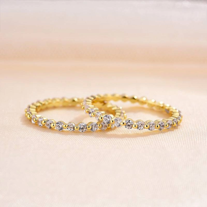 Louily Elegant Yellow Gold Round Cut Full Eternity Wedding Band Set In Sterling Silver Versatile Accent Travel Friendly