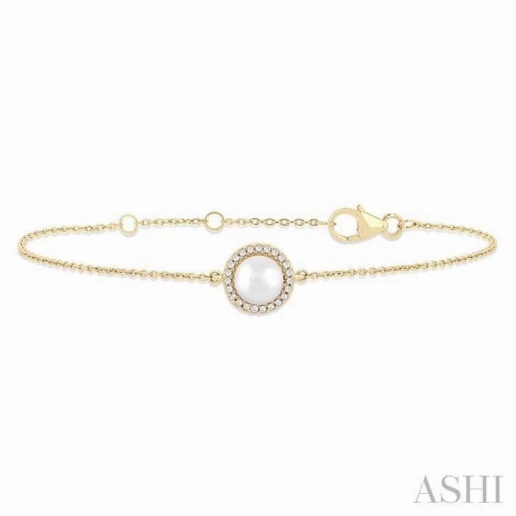 International Trend 6 MM Round Shape Cultured Pearl and 1/20 Ctw Round Cut Diamond Petite Halo Bracelet in 10K Yellow Gold