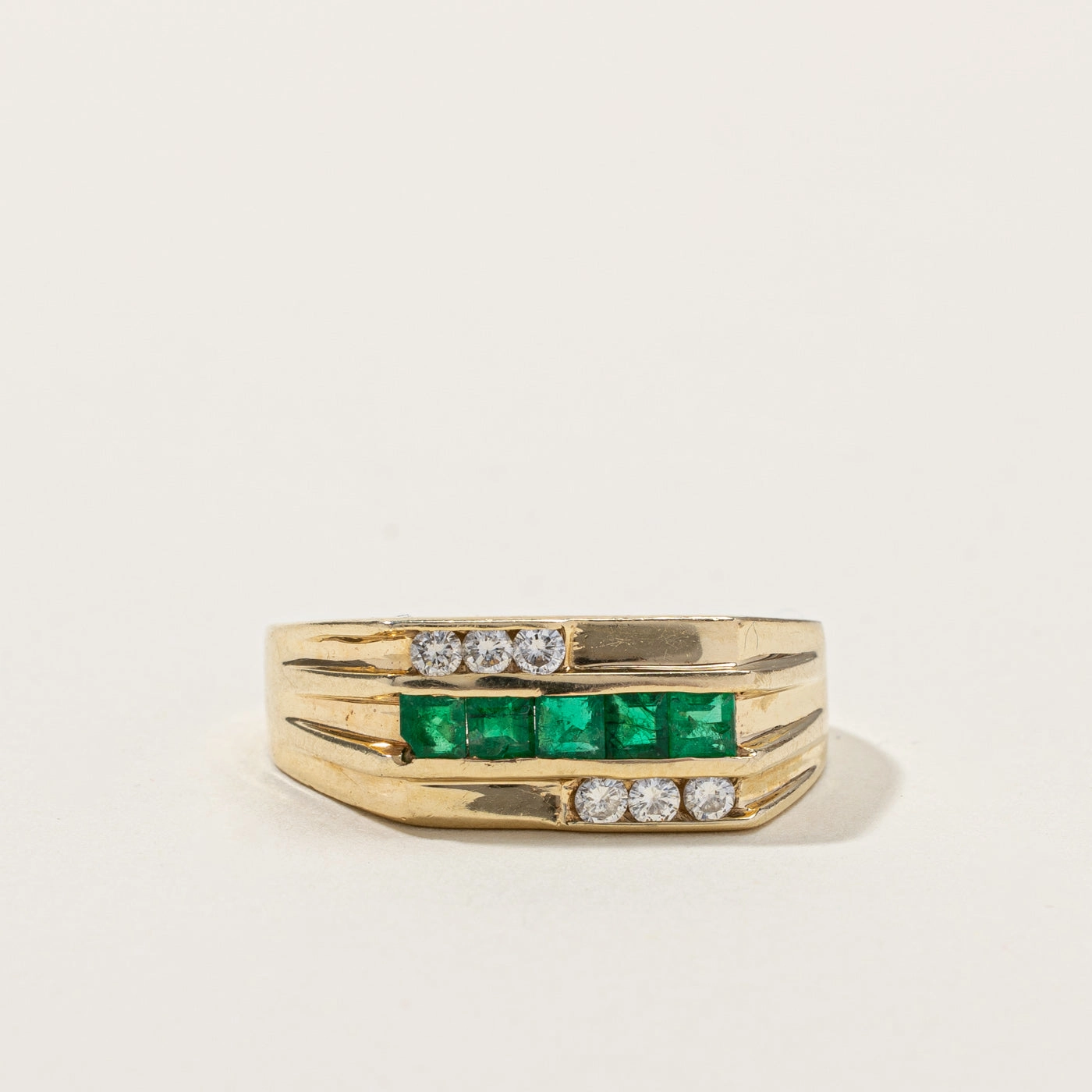 Shiny Texture Channel Set Emerald & Diamond Ring | 0.50ctw | 0.24ctw | SZ 9.25 |