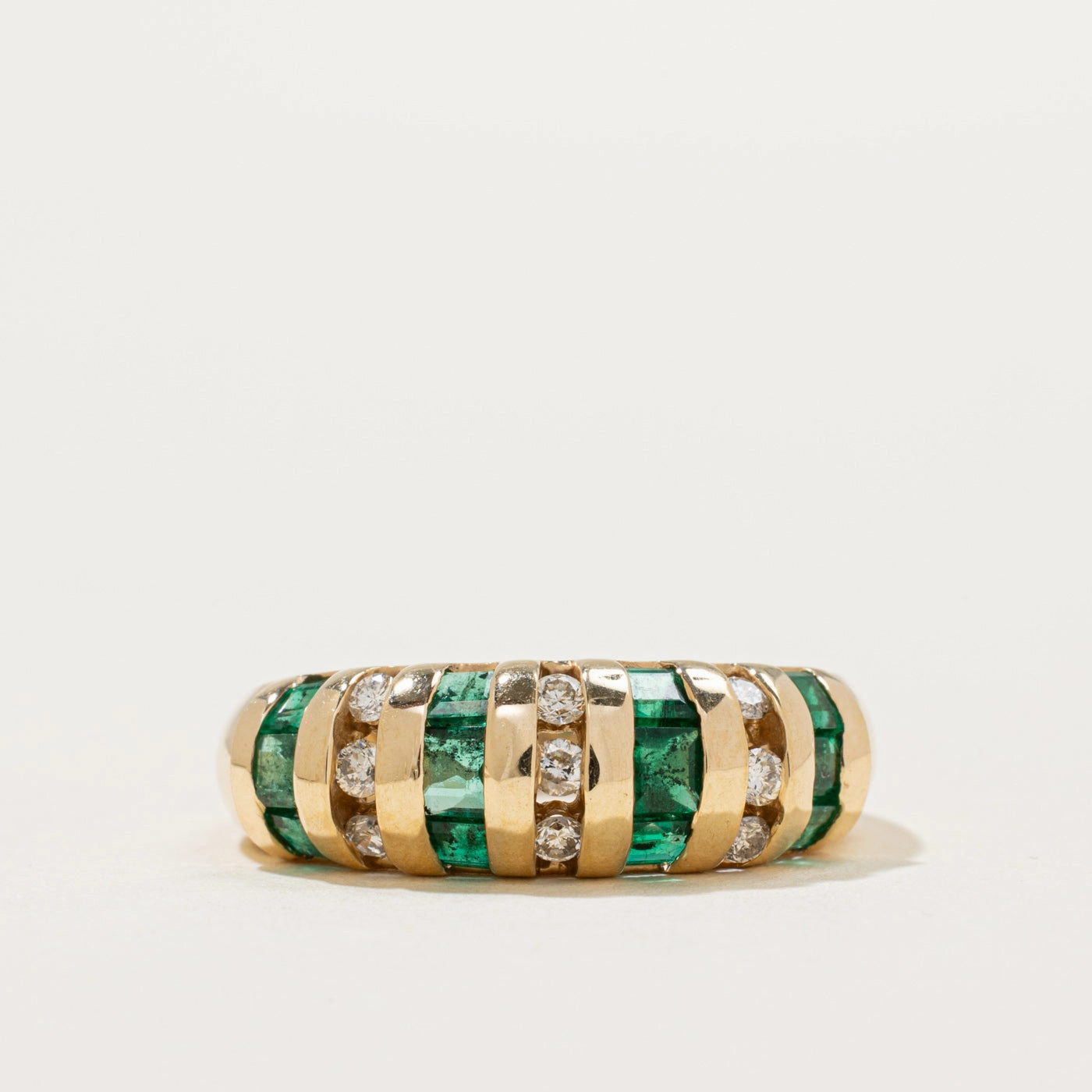 Sculpted Detail Multi Column Emerald & Diamond Dome Ring | 0.81ctw, 0.20ctw | SZ 9