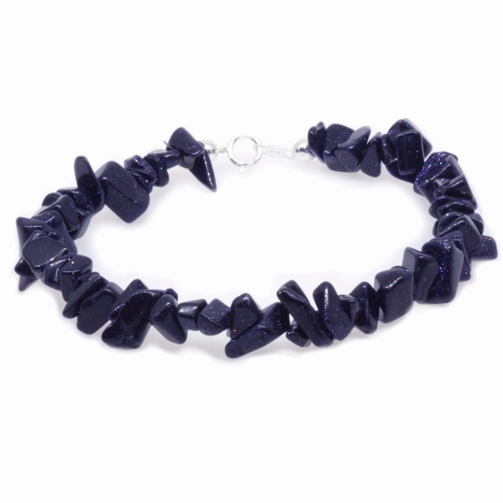 Blue Goldstone Gem Chip Bracelet Sterling Silver Handmade Glow Look Casual Accent