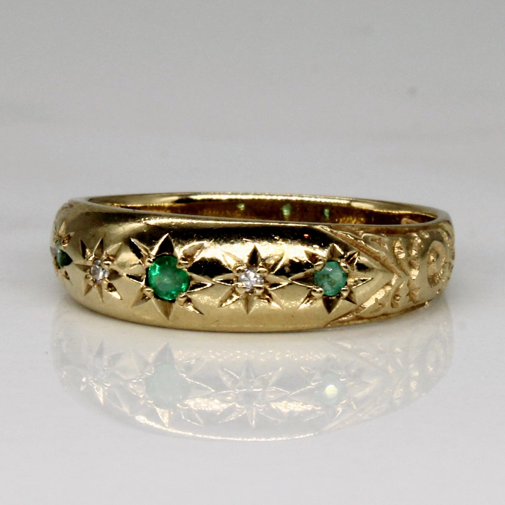 Emerald & Diamond Ornate Ring | 0.08ctw, 0.02ctw | SZ 5.75 | Timeless Appeal