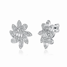 Sterling Silver Floral Design Baguette and Round CZ Stud Earring Wedding Outfit Creative Accent