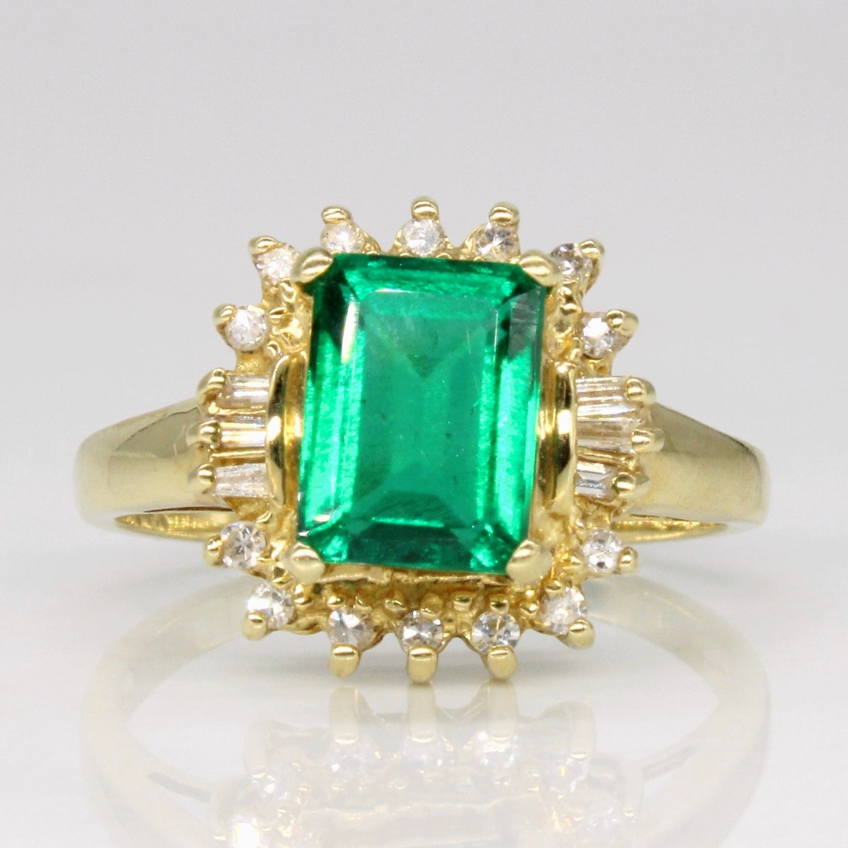 Synthetic Emerald & Diamond Halo Ring | 1.40ct, 0.15ctw | SZ 5.75 | Classic Mood