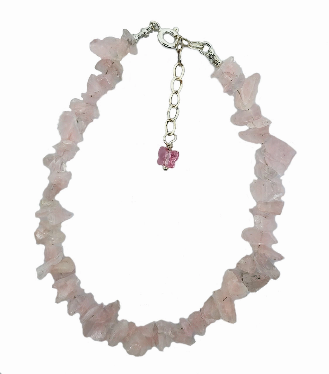 Graceful Contour Lightweight Glam Genuine Rose Quartz Gem Chip Bracelet Sterling Silver Handmade