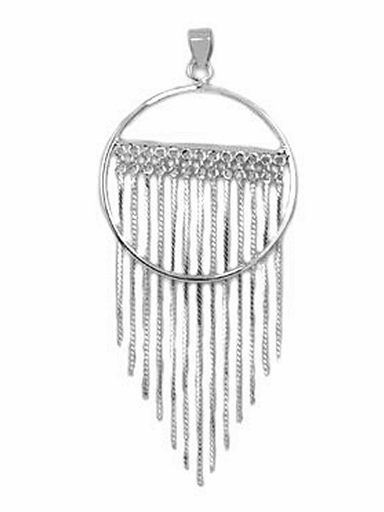 Circle Pendant with Fringe Chain Drops Rhodium on Sterling Silver - Nontarnish Opulent Look