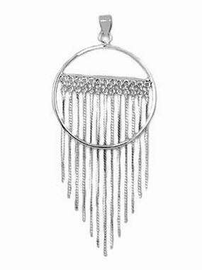 Circle Pendant with Fringe Chain Drops Rhodium on Sterling Silver - Nontarnish Opulent Look