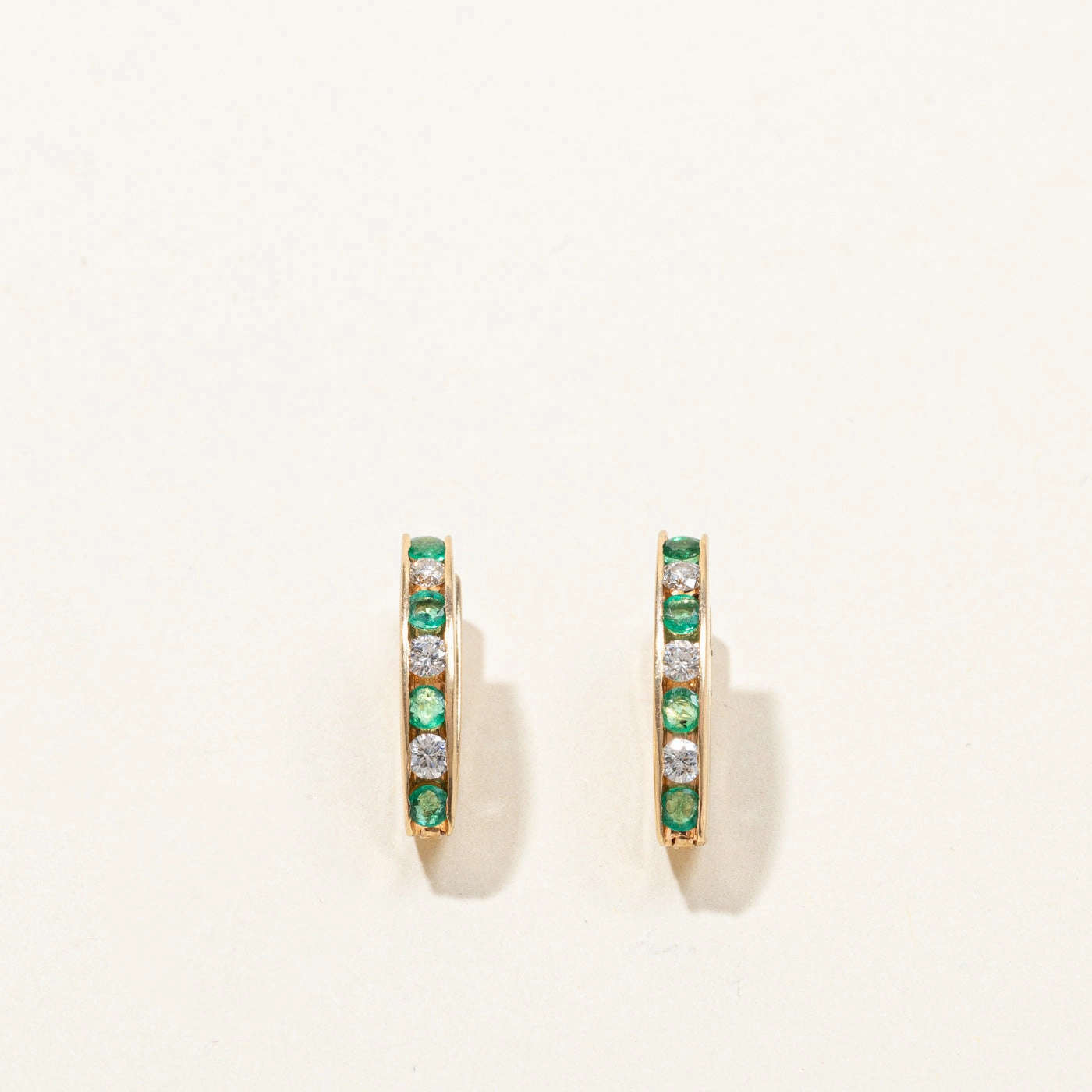Channel Set Emerald & Diamond Huggie Earrings | 0.38ctw | 0.24ctw | Holiday Party Timeless Embellishments