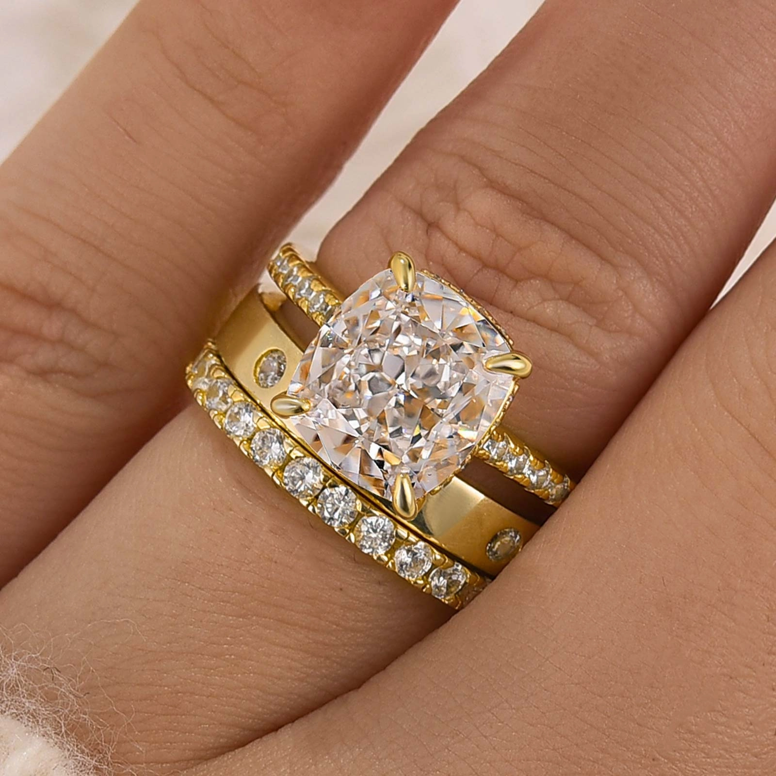 3PC 3.0Ct Cushion Cut Wedding Ring Set With Two Classic Wedding Bands Exclusive Finish Artistic Flair