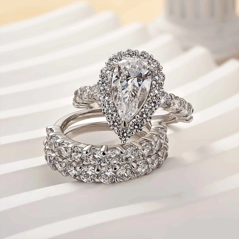 Louily 3PC Classic Halo Pear Cut Wedding Ring Set In Sterling Silver Petite Accent
