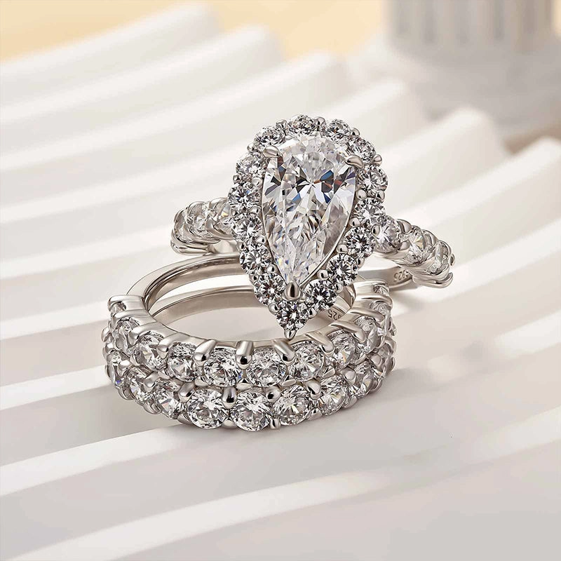 Unique Pieces Minimalist Look Louily 3PC Classic Halo Pear Cut Wedding Ring Set In Sterling Silver