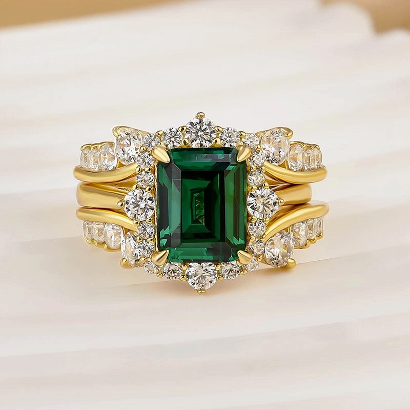 Precious Design Custom Feel 3.0Ct Halo Emerald Cut Insert Wedding Ring Set With Vintage Jacket Wedding Band