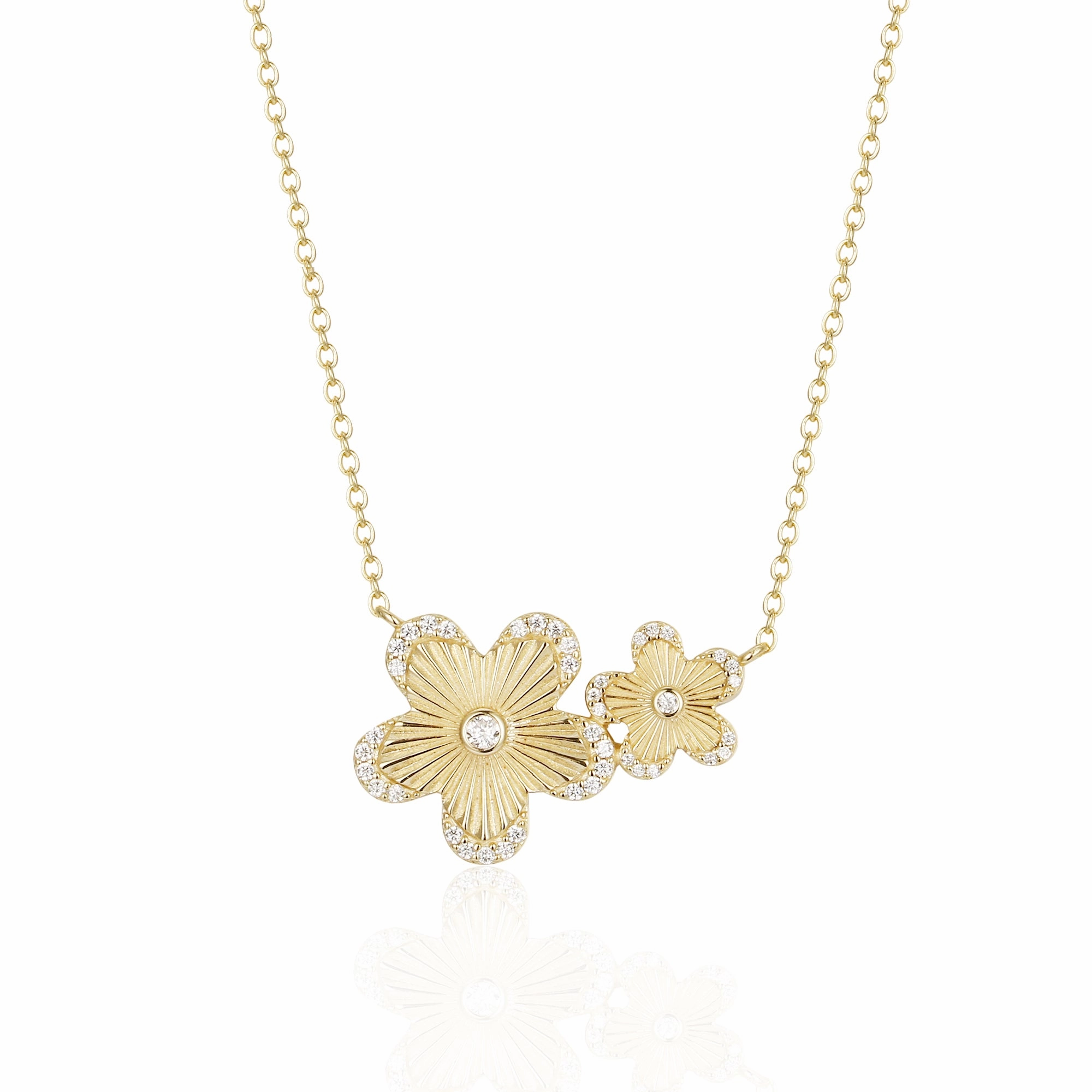 Sterling Silver Gold Plated Double Flower With CZ Border Necklace Artisan Craft