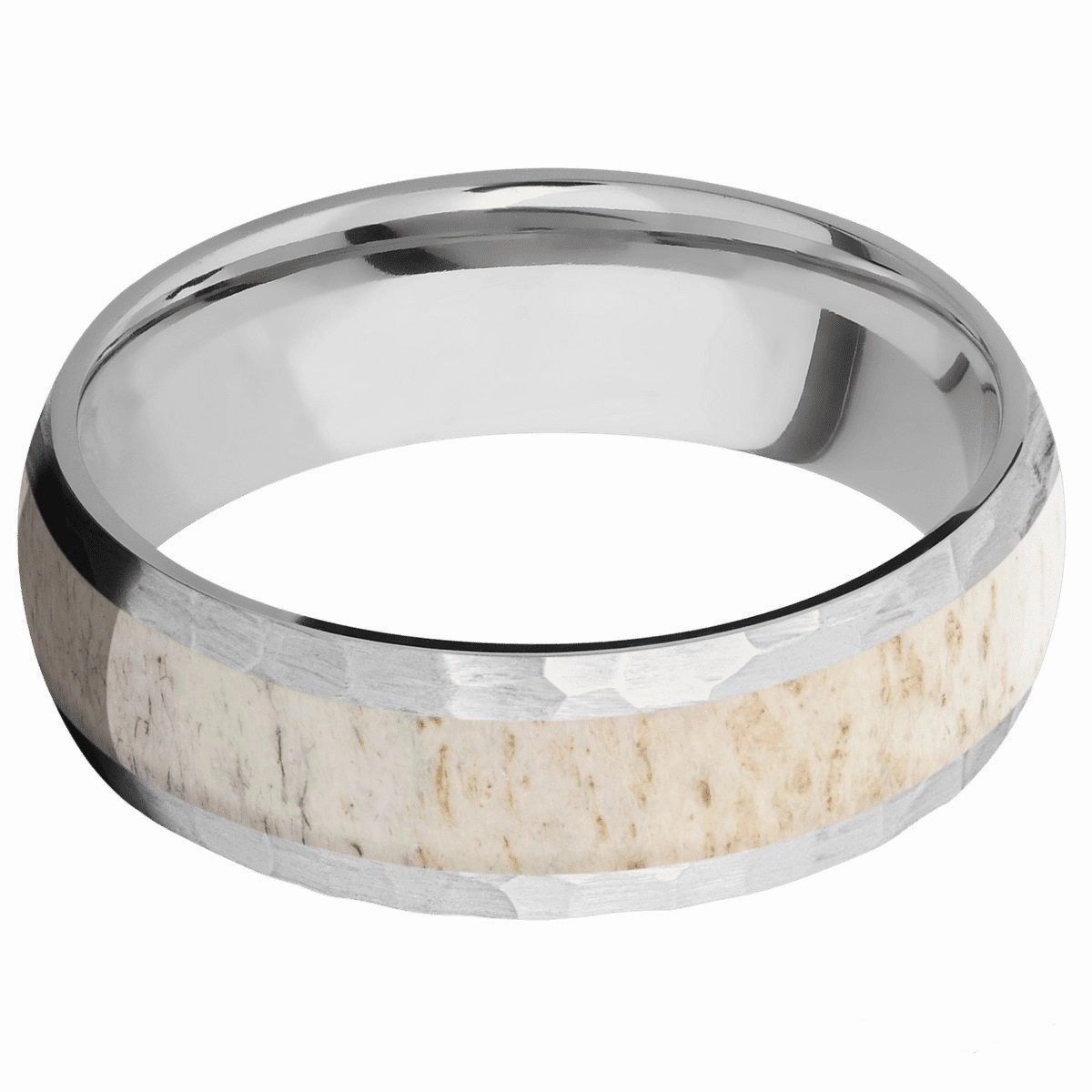Cobalt Chrome Hammered Domed Wedding Ring with Genuine Elk Antler Inlay High-End Decoration