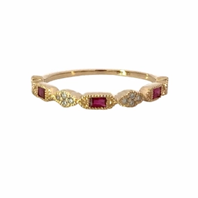 Unique Symbol 14K Yellow Gold Ruby and Diamond Stackable Band