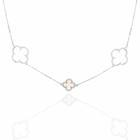 Rhodium Plated Sterling Silver Mother of Pearl Clover Necklace Mirror Selfie Dazzling Touch