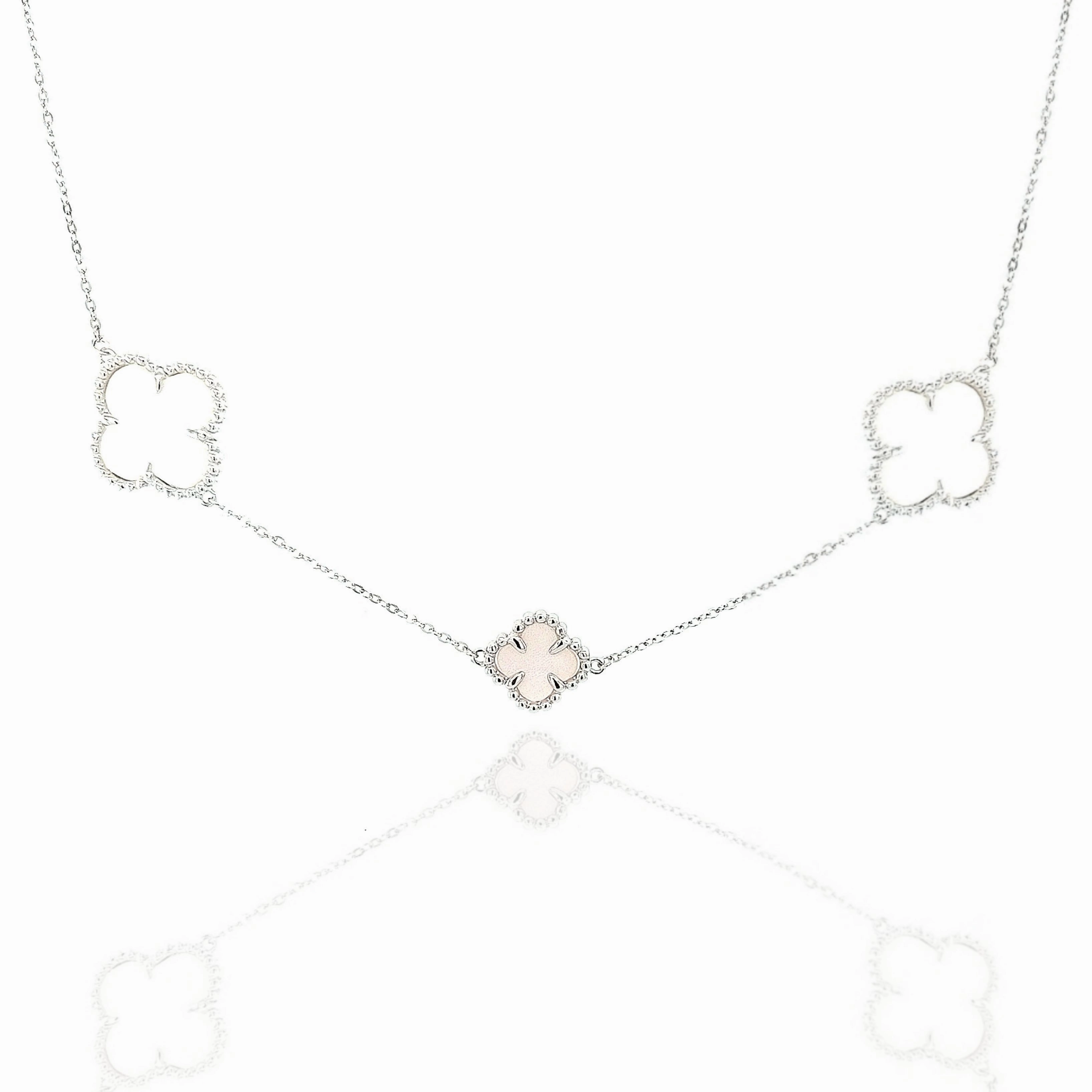 Rhodium Plated Sterling Silver Mother of Pearl Clover Necklace Mirror Selfie Dazzling Touch