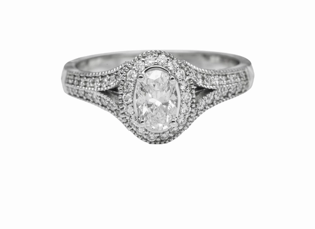 summer look Polished Style 18 Karat White Gold Milgrain Split Shank Halo Engagement Ring (.71cttw)