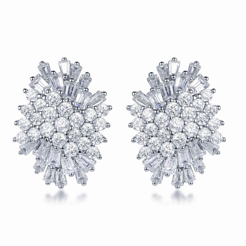 Sparkle Pop Rhodium Plated Sterling Silver Round and Baguette CZ Cluster Stud Earrings