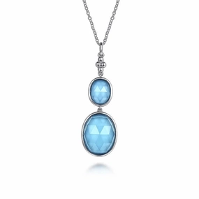 Sterling Silver Oval Shape Rock Crystal & Turquoise Bujukan Drop Necklace Secure Jewelry Handcrafted Jewelry