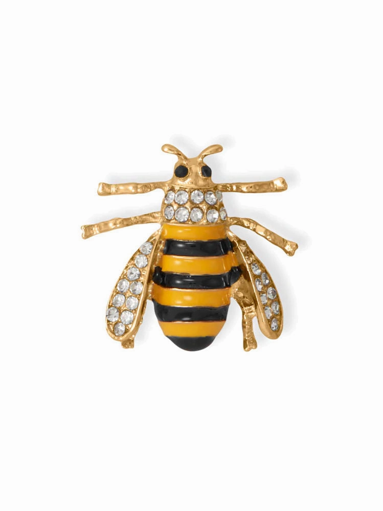 Fashion Honey Bee Pin with Crystal Accents Gold Tone Delicate Feature Fresh Detail