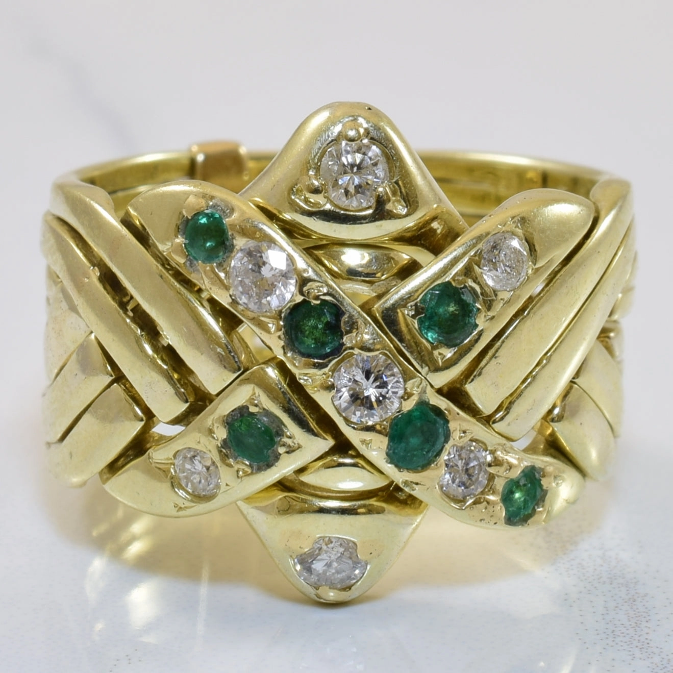Elegant Layer Soft Spark Diamond & Emerald Puzzle Ring | 0.36ctw, 0.24ctw | SZ 9.5 |