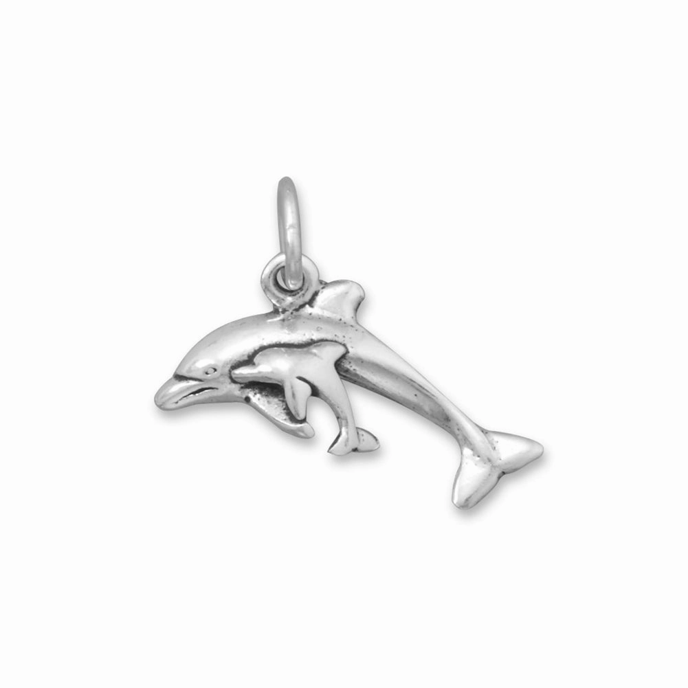 Dolphin with Baby Calf Sterling Silver Antiqued Finish Brilliant Detail