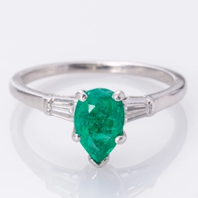 'Birks' Vintage Platinum Synthetic Emerald and Diamond Cocktail Ring | 1.14ct, 0.24ctw | SZ 7 | Light Pop