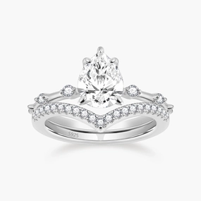 Glam Effect Artistic Mood 2CT 925 Sterling Silver Pear Shape Crown Engagement Ring Set