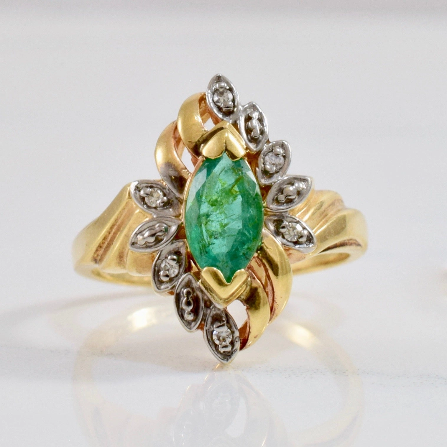 Floral Marquise Emerald and Diamond Ring | 0.03 ctw SZ 6 | Fashionable Detail