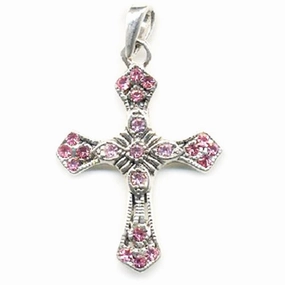 Shaped Precision Cross Pendant with Pink Rhinestones Silvertone