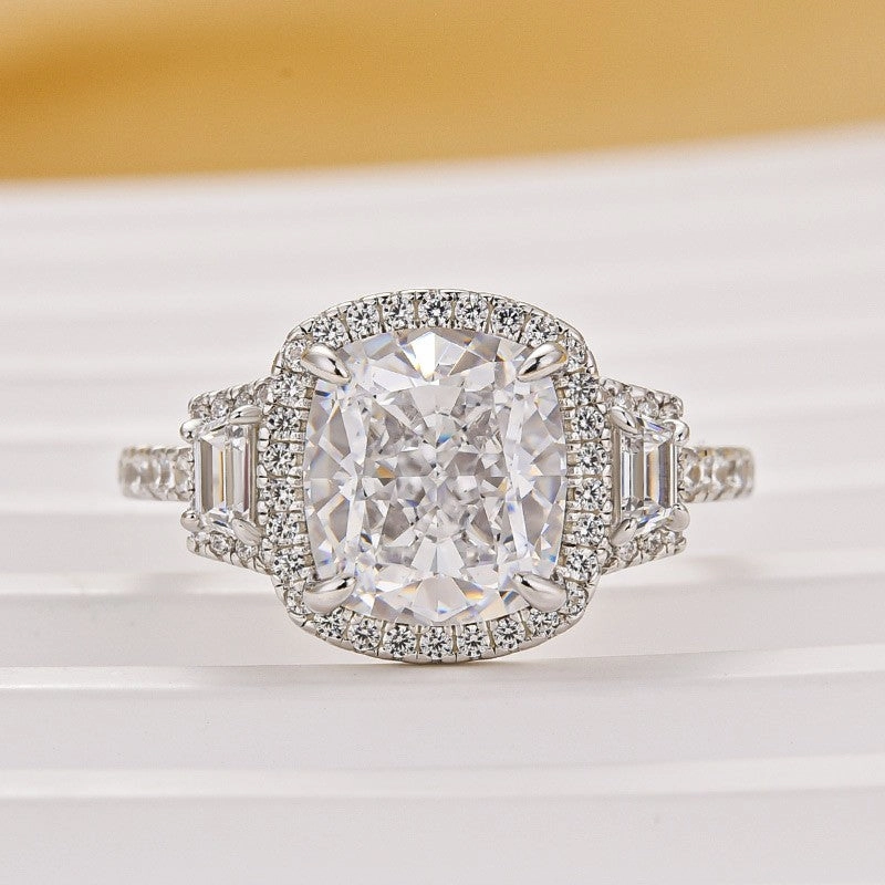 Daily Layer Creative Glance 3.0Ct Cushion Cut Halo Three Stone Engagement Ring In Sterling Silver