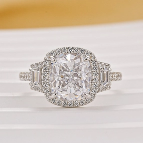 Daily Layer Creative Glance 3.0Ct Cushion Cut Halo Three Stone Engagement Ring In Sterling Silver