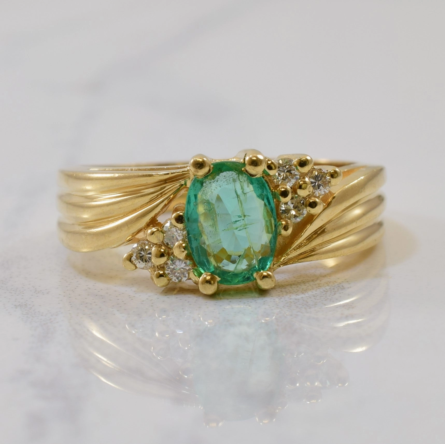 Emerald & Diamond Tapered Bypass Ring | 0.52ct, 0.12ctw | SZ 6.75 | Luminous Accent Handcrafted Work