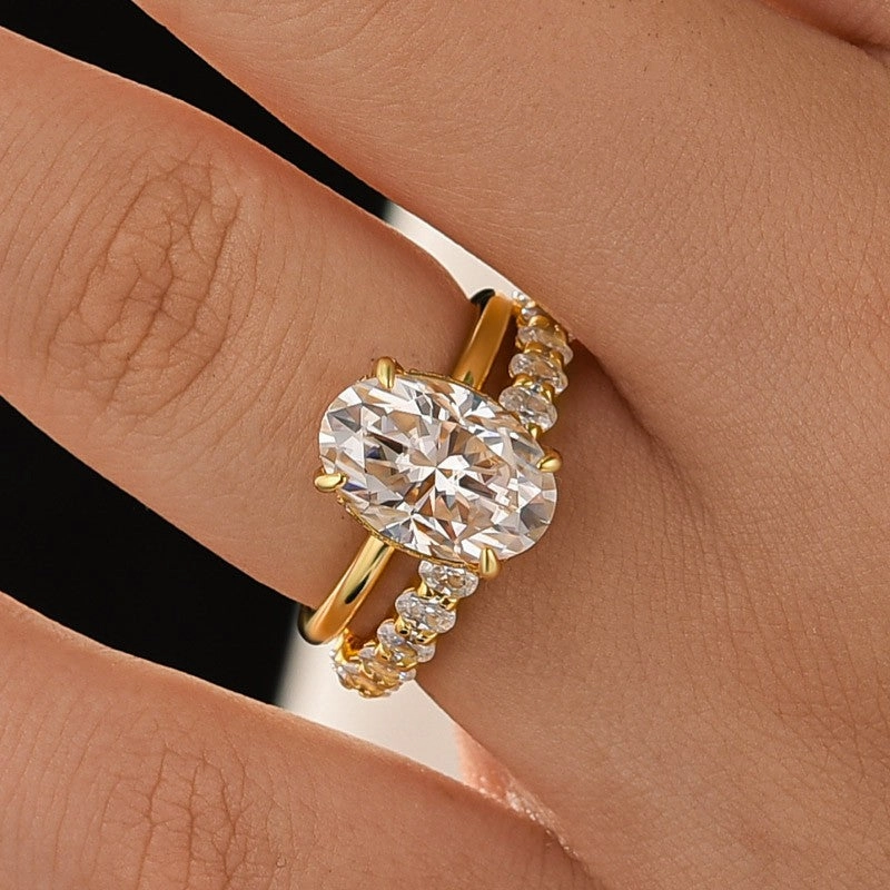 Moissanite 4.0 Ct Oval Cut Yellow Gold Engagement Ring with Oval Cut Eternity Ring Shining Look