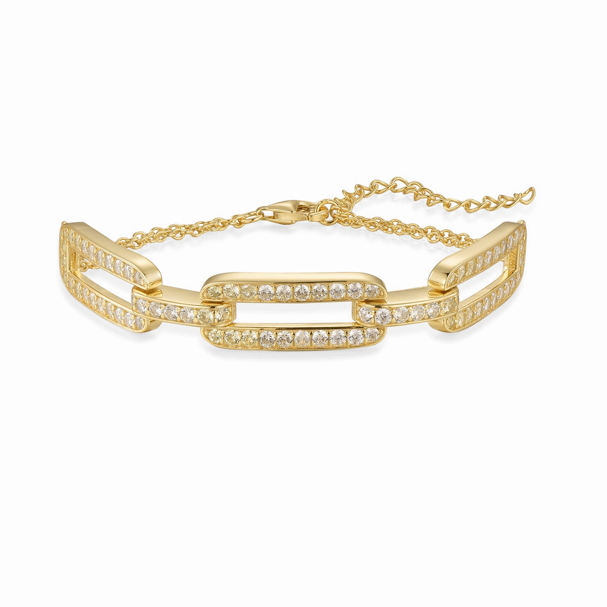 Classic Edge Sterling Silver Gold Plated CZ Paperclip on Double Chain Bracelet