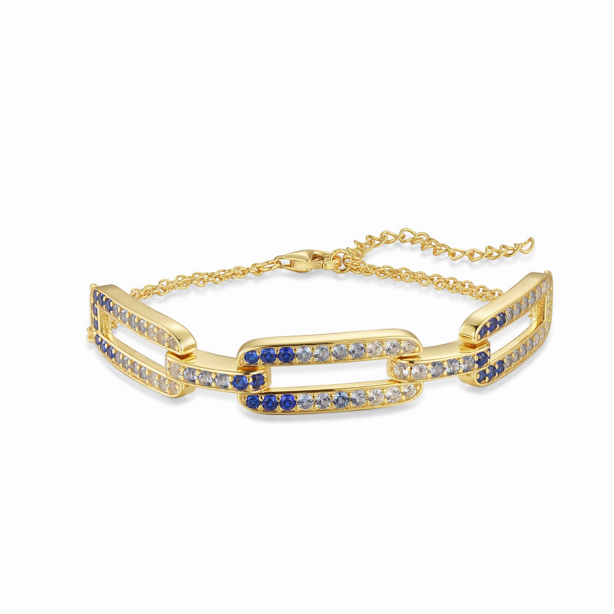 Sterling Silver Gold Plated CZ Paperclip on Double Chain Bracelet Warm Accent