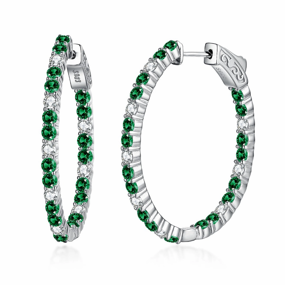 Sterling Silver Oval Emerald, Ruby and Sapphire CZ Hoop Earrings Highlight Edge
