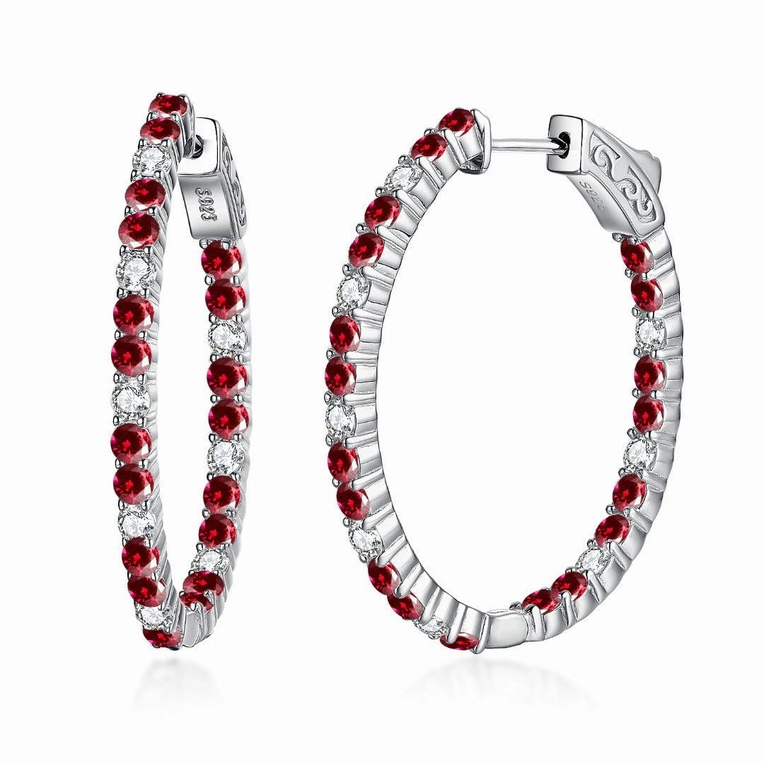 Sterling Silver Oval Emerald, Ruby and Sapphire CZ Hoop Earrings Sunset Style