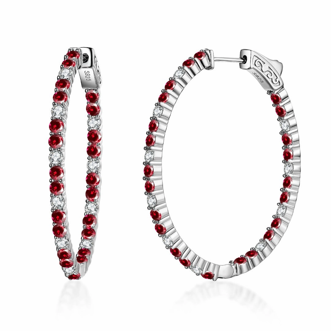 Handcrafted Pieces Chic Update Sterling Silver Oval Emerald, Ruby and Sapphire CZ Hoop Earrings