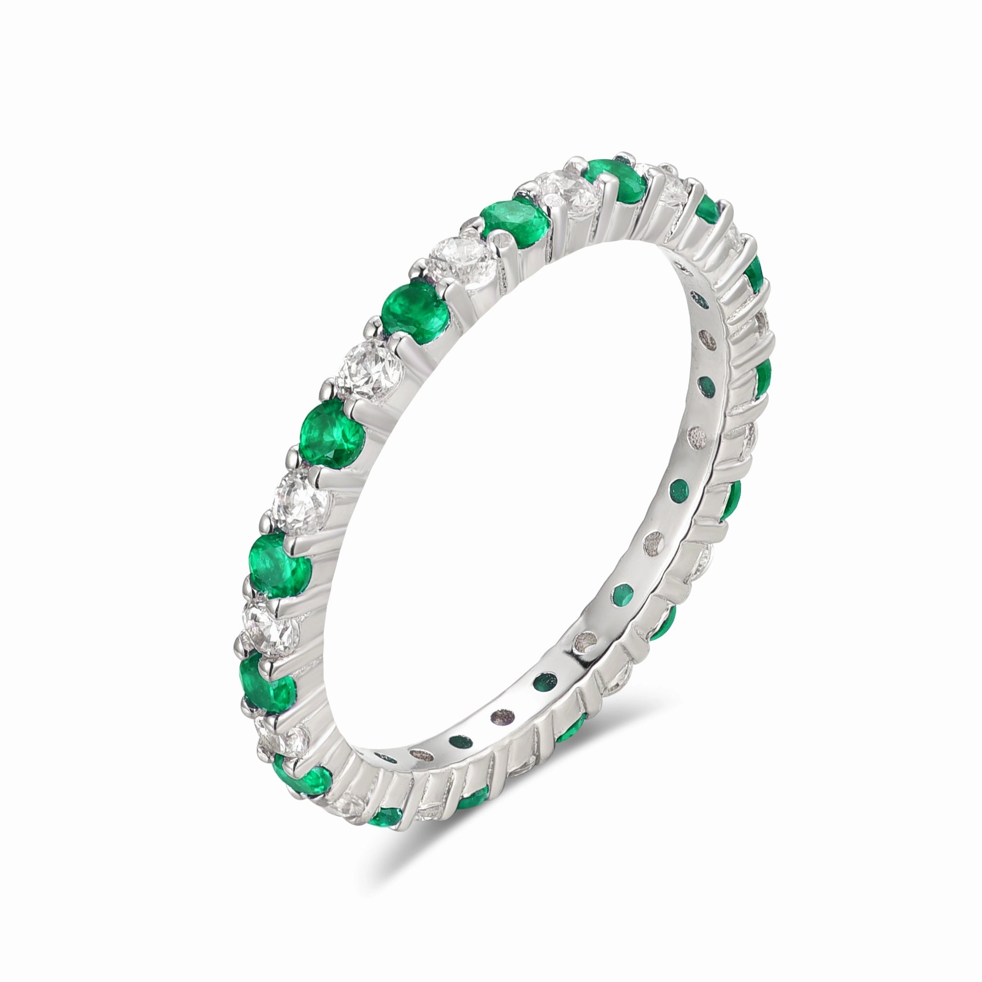 Rhodium Plated Sterling Silver Alternating Clear and Colorful CZ Eternity Band Ring Effortless Design