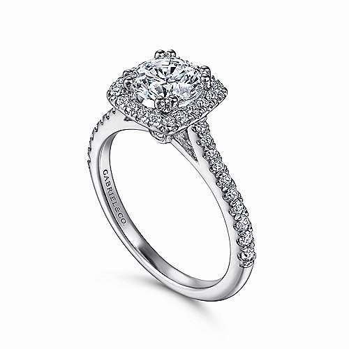 Timeless Design Unique Symbol Pave Round Diamond Ring with Flared Cushion Shaped Halo 461A