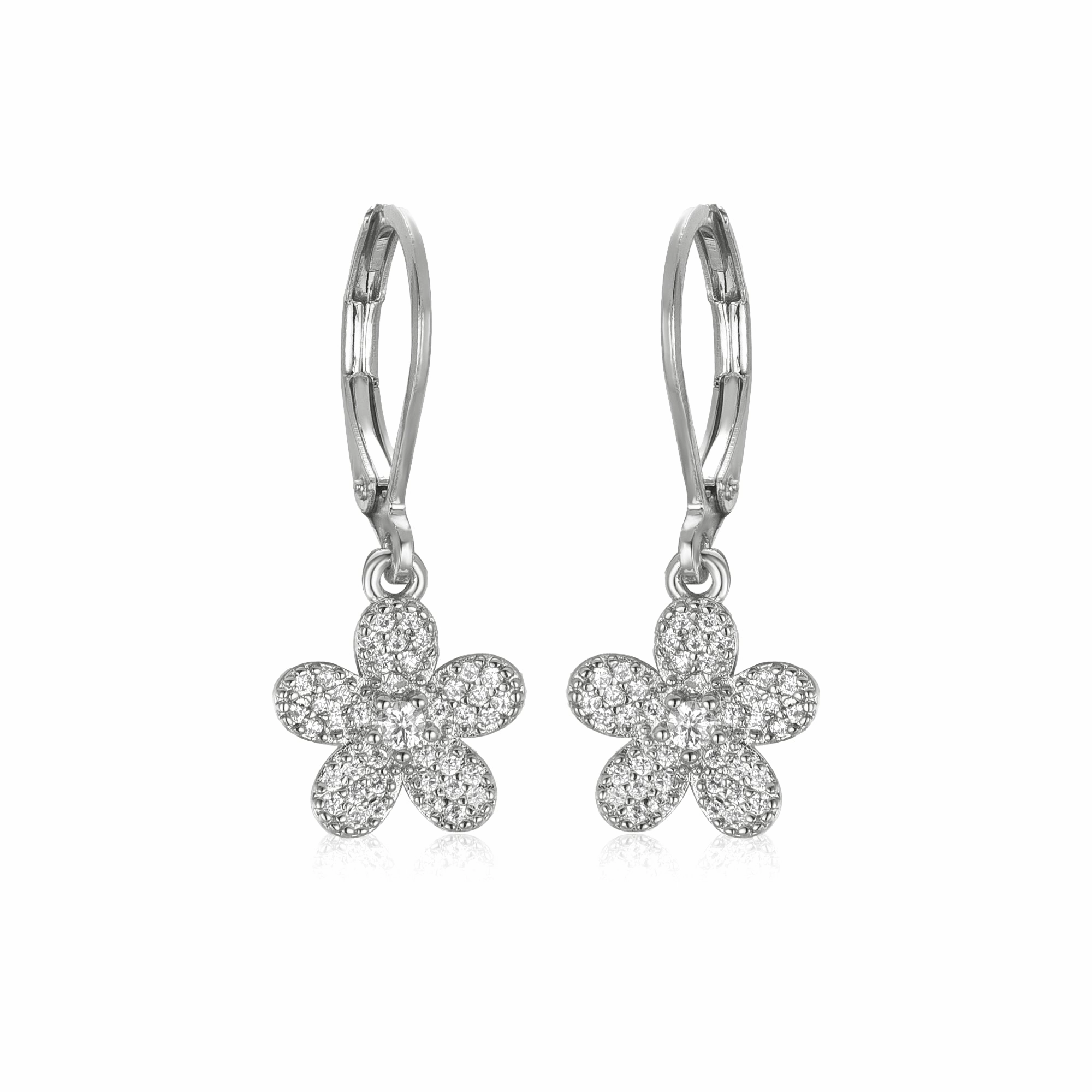 Romantic Gesture Date Fit Surgical Steel 5 Petal Micropave Flower Stud Earrings