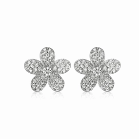 Radiant Shine Finish Crisp Look Surgical Steel 5 Petal Micropave Flower Stud Earrings