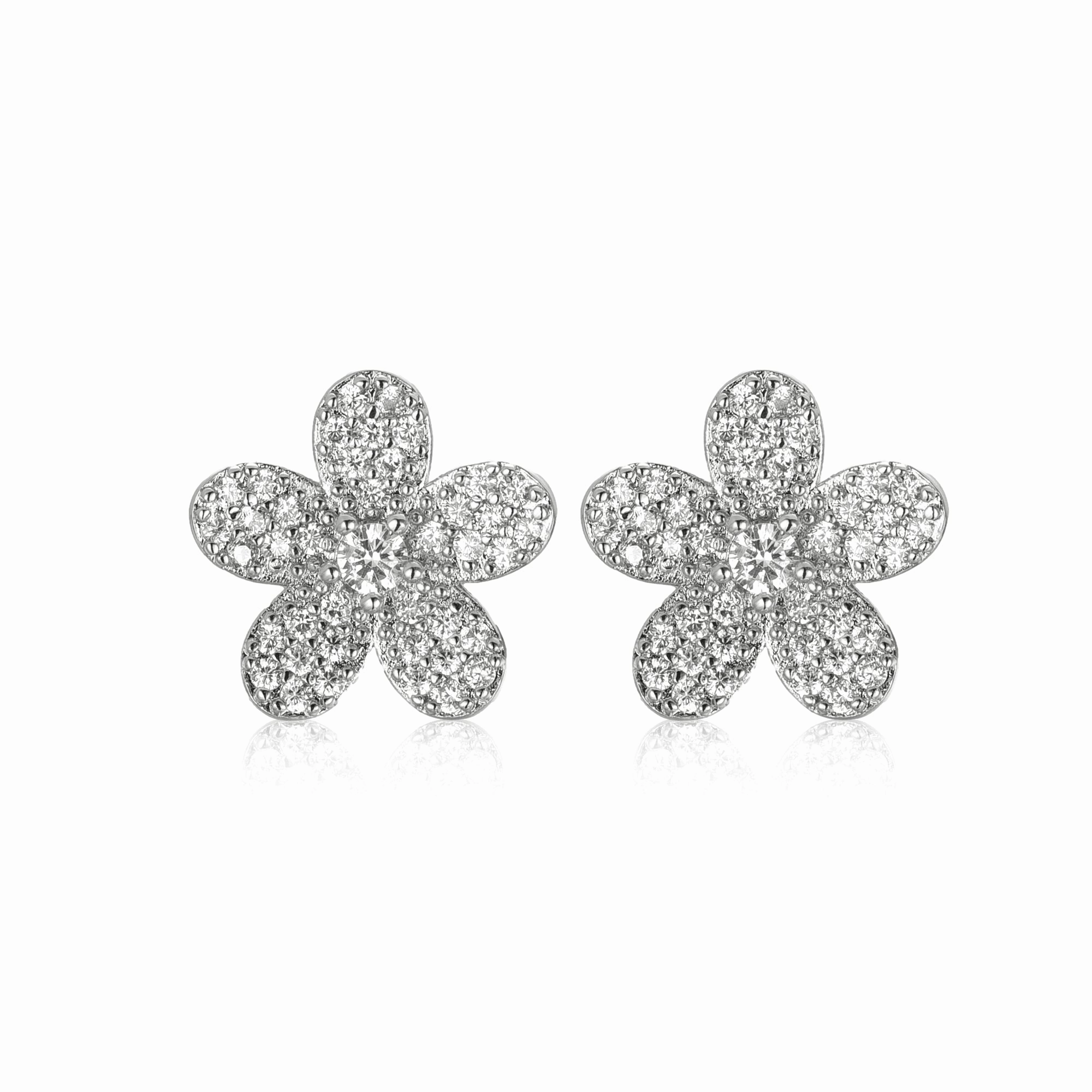 Unique Gem Surgical Steel 5 Petal Micropave Flower Stud Earrings