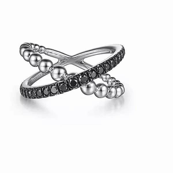 Artistic Emblem Sterling Silver Black Spinel & Bujukan Bead Criss Cross Fashion Ring. Finger Size 6.5